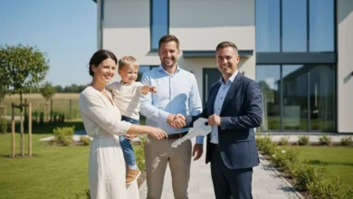 Photo lumineuse d’un couple souriant avec un enfant, recevant les clés d’une maison neuve moderne des mains d’un représentant de constructeur, devant une façade claire avec grande baie vitrée et jardin fraîchement aménagé. Ciel bleu, ambiance de soulagement et de réussite après la construction.