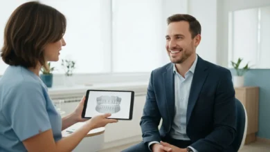 Photo lumineuse d’un adulte d’une trentaine d’années en tenue de bureau, assis dans un cabinet d’orthodontie moderne, en train de discuter avec le praticien qui lui montre sur une tablette la simulation d’un traitement par aligneurs transparents. Le patient sourit, on voit discrètement un aligneur sur ses dents. L’ambiance est professionnelle et rassurante, aux tons clairs et épurés.