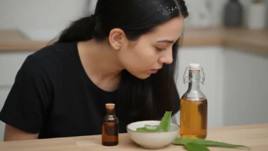 Photo en lumière naturelle d’une personne aux cheveux foncés portant un t-shirt noir, observant des pellicules sur son épaule. Au premier plan, posés sur le rebord d’un lavabo ou d’une table en bois clair, plusieurs ingrédients naturels bien identifiables : un petit flacon d’huile essentielle, un bol avec du gel d’aloe vera, une bouteille de vinaigre de cidre, quelques feuilles vertes. L’ambiance est propre et moderne, avec un rendu quasi éditorial type magazine santé-beauté, sans aspect médical anxiogène.