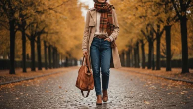 Photo en lumière naturelle d’une personne dans une rue bordée d’arbres aux feuilles jaunes et rousses, portant un look d’automne composé de pièces simples mais bien associées : trench beige légèrement oversize, pull en maille claire, chemise qui dépasse, jean droit brut et bottines en cuir. On voit des accessoires forts comme une grande écharpe à carreaux, un sac en cuir usé et une ceinture vintage. L’image doit donner une impression de style accessible, confortable et réaliste, loin des looks de défilé.