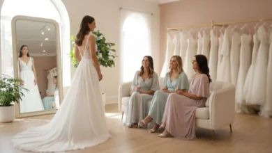 Photo lumineuse en intérieur d’une boutique de robes de mariée : une future mariée en train d’essayer une robe devant un grand miroir, entourée de quelques amies assises sur un canapé, des portants de robes blanches floues en arrière-plan, ambiance douce et moderne, lumière naturelle, couleurs claires et chaleureuses.