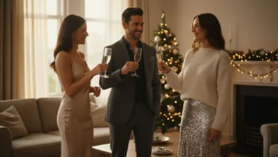 Photo lumineuse d’un petit groupe d’amis habillés pour une soirée de fêtes : robe satinée et escarpins pour l’une, costume sombre avec chemise légèrement ouverte pour un autre, jupe pailletée et pull en maille douce pour une troisième personne. Ils trinquent dans un salon décoré de guirlandes lumineuses et d’un sapin discret, ambiance chaleureuse et chic mais décontractée. Les tenues sont stylées mais réalistes, avec quelques touches de brillance et d’accessoires bien choisis.