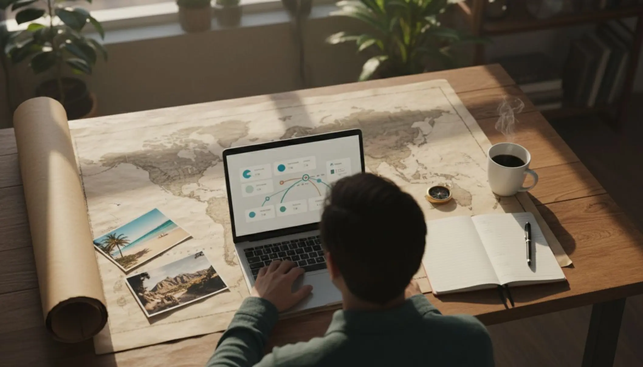 Photo en plongée d’une personne assise à une table, entourée d’une carte du monde, d’un ordinateur portable affichant un comparateur de vols, de quelques photos imprimées de destinations variées et d’un carnet de notes ouvert avec une liste de critères de voyage. La scène est lumineuse, ambiance chaleureuse, évoquant la préparation d’un futur voyage.