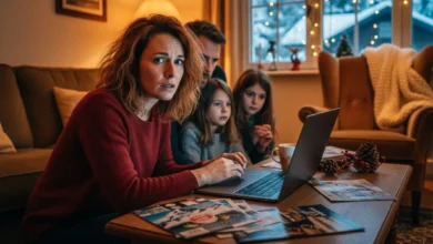 Famille française inquiète devant un ordinateur portable dans un salon décoré pour l'hiver, brochures de ski sur la table