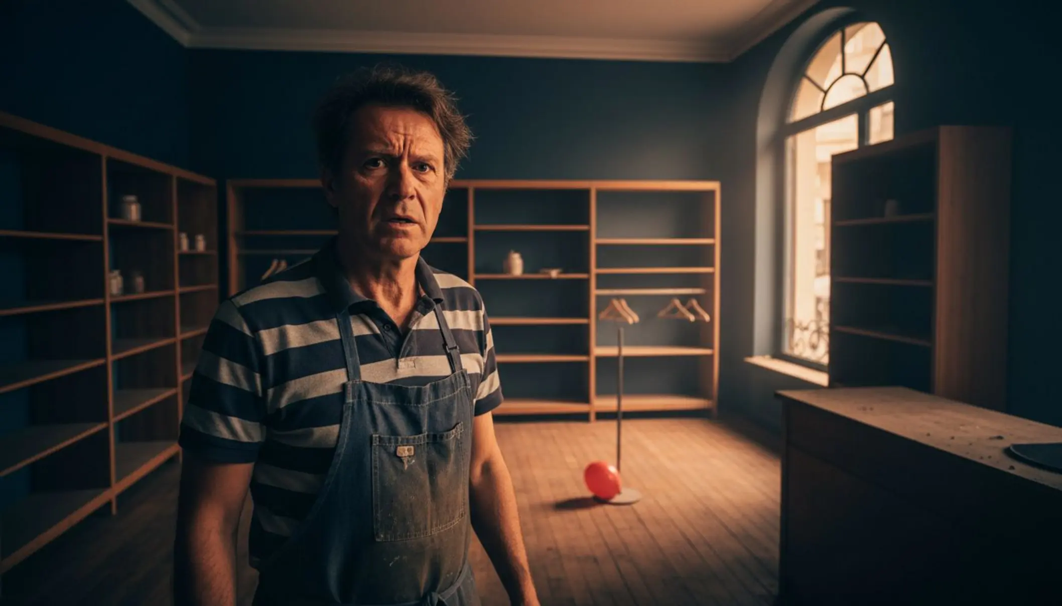 Commerçant inquiet debout dans sa boutique aux rayons clairsemés, éclairage dramatique