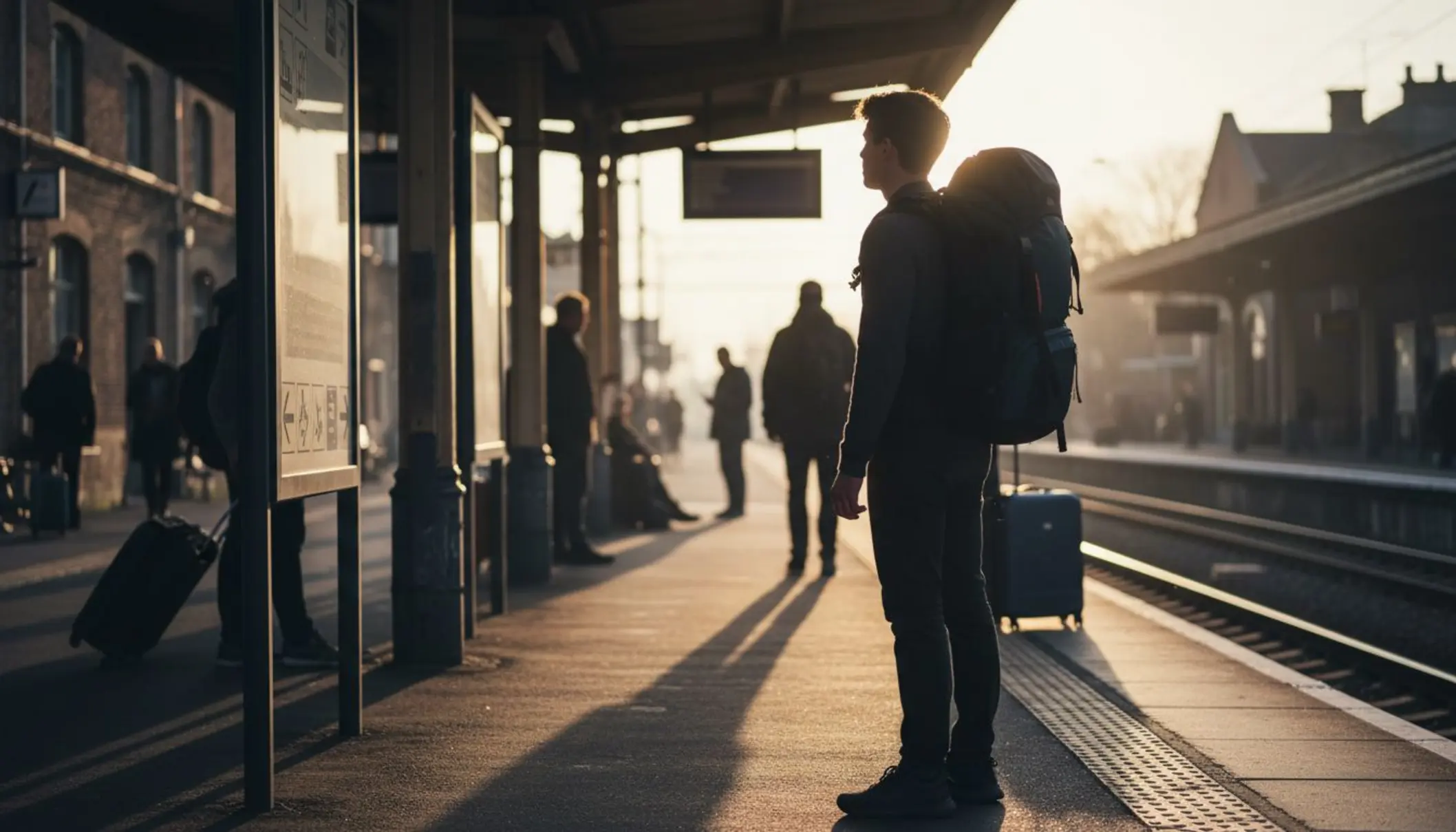 Photo prise en contre-jour d’un jeune voyageur avec un sac à dos, debout sur un quai de gare au lever du soleil, regardant un tableau d’affichage des départs. Autour de lui, quelques autres voyageurs, des valises à roulettes et des panneaux indiquant plusieurs destinations internationales. L’ambiance évoque l’aventure et le voyage malin, plutôt que le luxe.