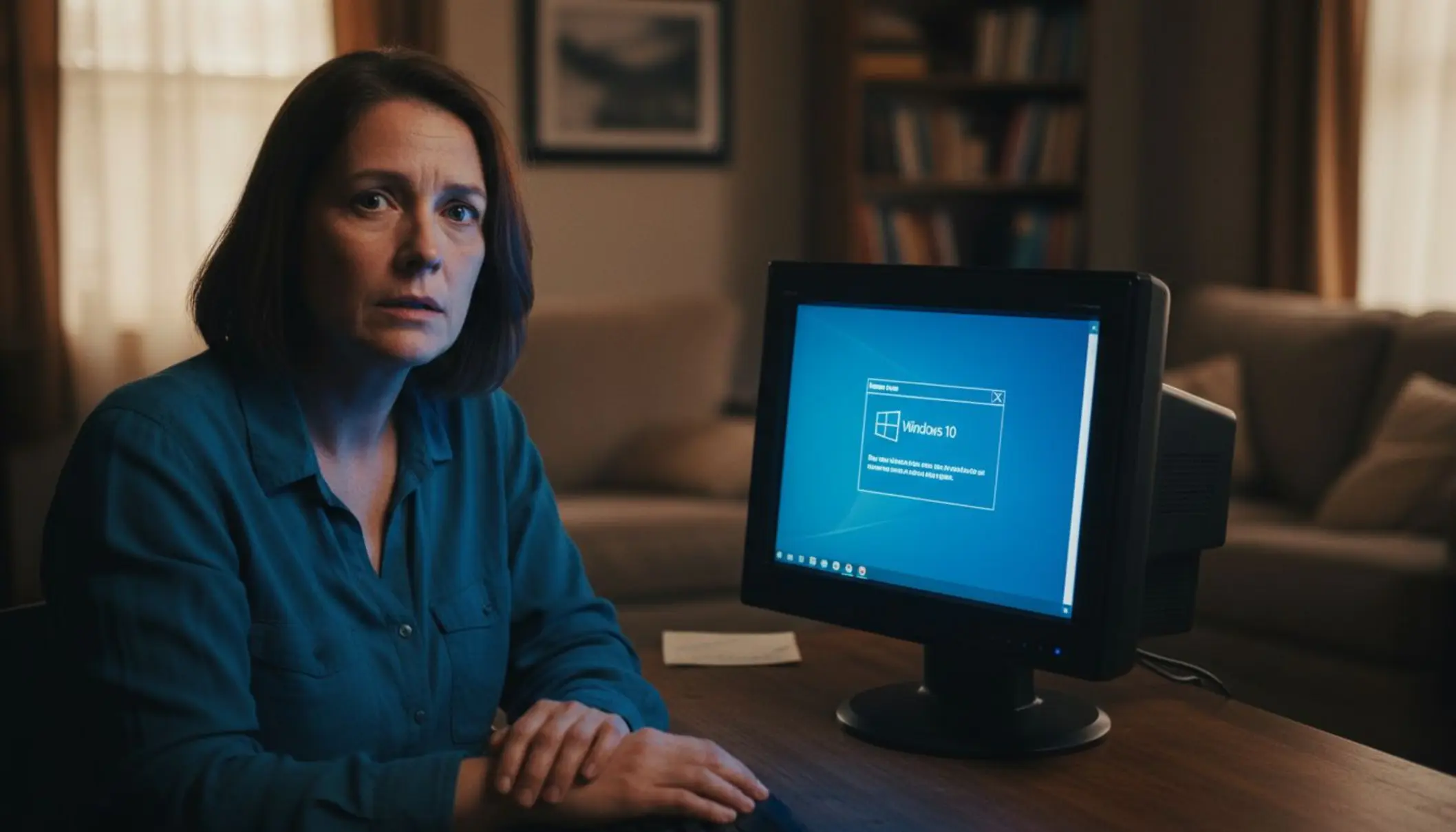 Personne inquiète devant un ordinateur de bureau affichant le logo Windows 10 dans un salon