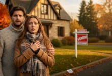 Couple trentenaire inquiet devant une maison avec panneau vendu dans une rue résidentielle ensoleillée