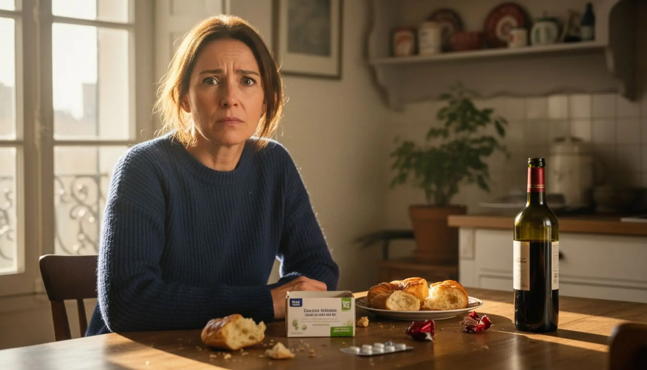 Personne inquiète attablée dans sa cuisine face à des restes de repas de fête et une boîte de médicaments