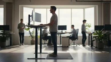 Photo lumineuse d’un open space moderne où une personne travaille debout à un bureau assis-debout réglable en hauteur, avec un écran à hauteur des yeux, un tapis antifatigue au sol et une posture naturelle. En arrière-plan, on voit d’autres collègues alternant position assise et debout, avec des plantes vertes et une grande baie vitrée laissant entrer la lumière naturelle.