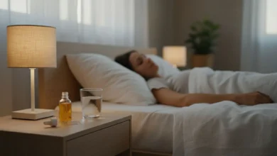 Photo en lumière douce d’une chambre à coucher en soirée, avec une personne allongée dans un lit au drap blanc semblant apaisée, un flacon d’huile de CBD avec pipette posé sur une table de nuit en bois clair à côté d’un verre d’eau et d’une petite lampe allumée. L’ambiance est calme et rassurante, les couleurs sont neutres et naturelles, sans texte ni éléments publicitaires visibles.