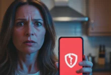 Femme inquiète tenant son smartphone affichant une alerte rouge de sécurité dans sa cuisine