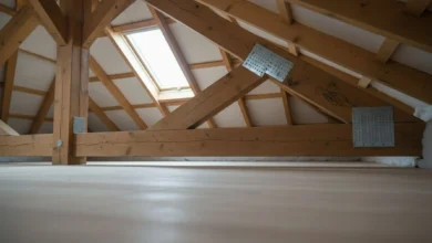 Photo en contre-plongée de l’intérieur de combles lumineux d’une maison neuve, montrant une charpente en bois apparente parfaitement assemblée. Les poutres massives et les assemblages métalliques sont bien visibles, avec une lumière naturelle entrant par une fenêtre de toit. Au second plan, on distingue l’isolation entre les chevrons et un plancher propre, donnant une impression de chantier abouti, moderne et chaleureux.