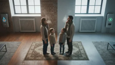 Photo en plongée d’un salon moderne coupé visuellement en deux : à gauche, un radiateur gaz mural sous une fenêtre avec une flamme stylisée et un compteur de gaz discret, à droite des radiateurs électriques design avec un compteur électrique et un symbole d’énergie verte. Une famille se tient au centre, semblant hésiter entre les deux côtés, dans une ambiance chaleureuse mais hivernale.