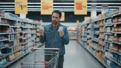Photo en couleur d’un rayon de supermarché français, avec une personne d’une trentaine d’années en tenue de tous les jours, caddie presque vide, en train de comparer deux étiquettes de prix avec une expression préoccupée. En arrière-plan, des pancartes de promotions et des prix bien visibles, pour suggérer l’inflation et la recherche de la moindre économie. Lumière froide, ambiance légèrement sombre pour renforcer l’idée de tension financière.
