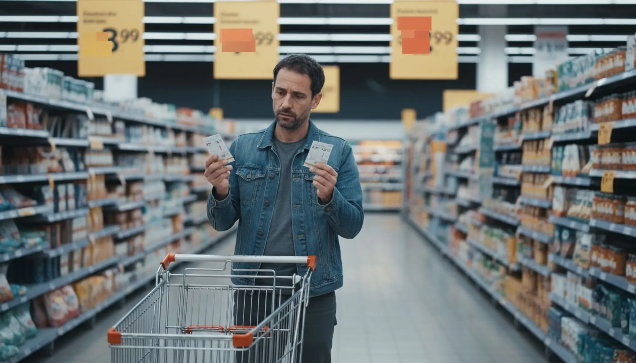 Photo en couleur d’un rayon de supermarché français, avec une personne d’une trentaine d’années en tenue de tous les jours, caddie presque vide, en train de comparer deux étiquettes de prix avec une expression préoccupée. En arrière-plan, des pancartes de promotions et des prix bien visibles, pour suggérer l’inflation et la recherche de la moindre économie. Lumière froide, ambiance légèrement sombre pour renforcer l’idée de tension financière.
