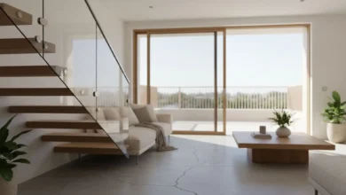 Photo lumineuse d’un séjour contemporain avec un escalier en bois clair et un garde corps en verre et inox, donnant sur une grande baie vitrée ouverte sur une terrasse avec un garde corps extérieur en aluminium. La scène est propre et chaleureuse, avec des touches de décoration minimaliste, et met en valeur à la fois la sécurité et l’esthétique des garde corps.