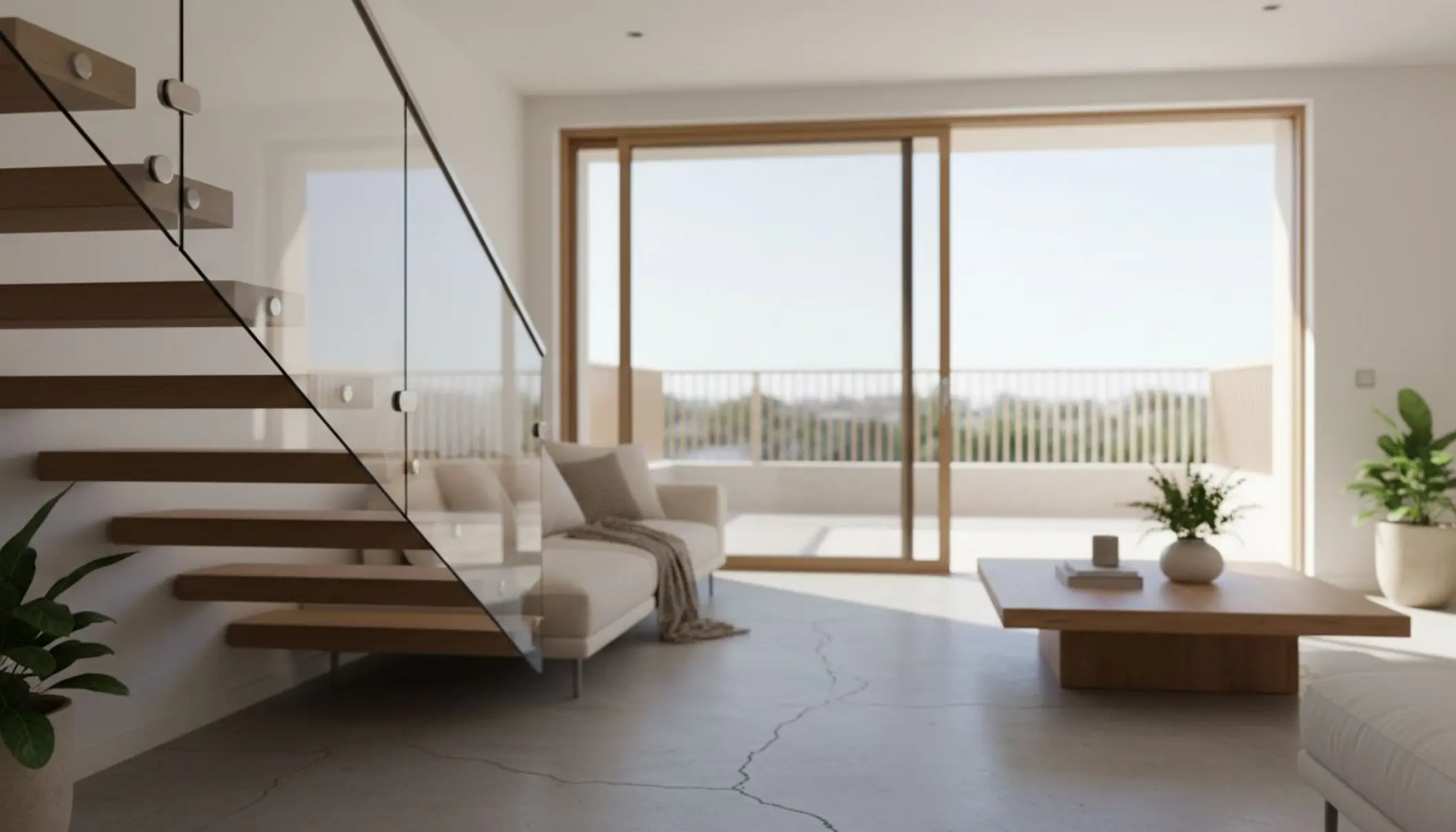 Photo lumineuse d’un séjour contemporain avec un escalier en bois clair et un garde corps en verre et inox, donnant sur une grande baie vitrée ouverte sur une terrasse avec un garde corps extérieur en aluminium. La scène est propre et chaleureuse, avec des touches de décoration minimaliste, et met en valeur à la fois la sécurité et l’esthétique des garde corps.