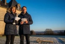 Couple inquiet tenant des factures devant une maison ancienne en pierre, manteaux d'hiver, ciel bleu vif