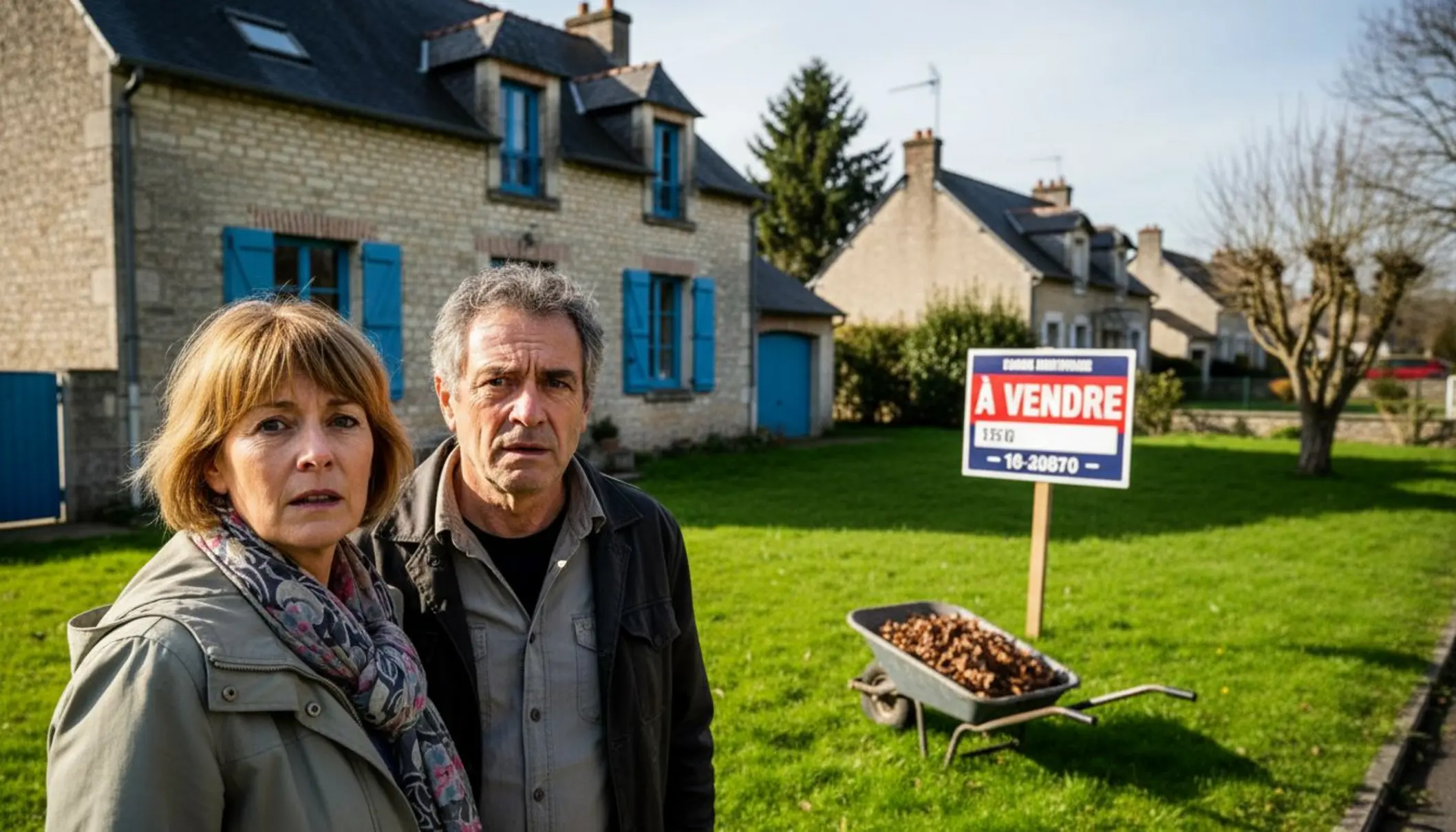 Couple d'âge mûr devant une maison à vendre, expression préoccupée, quartier résidentiel ensoleillé