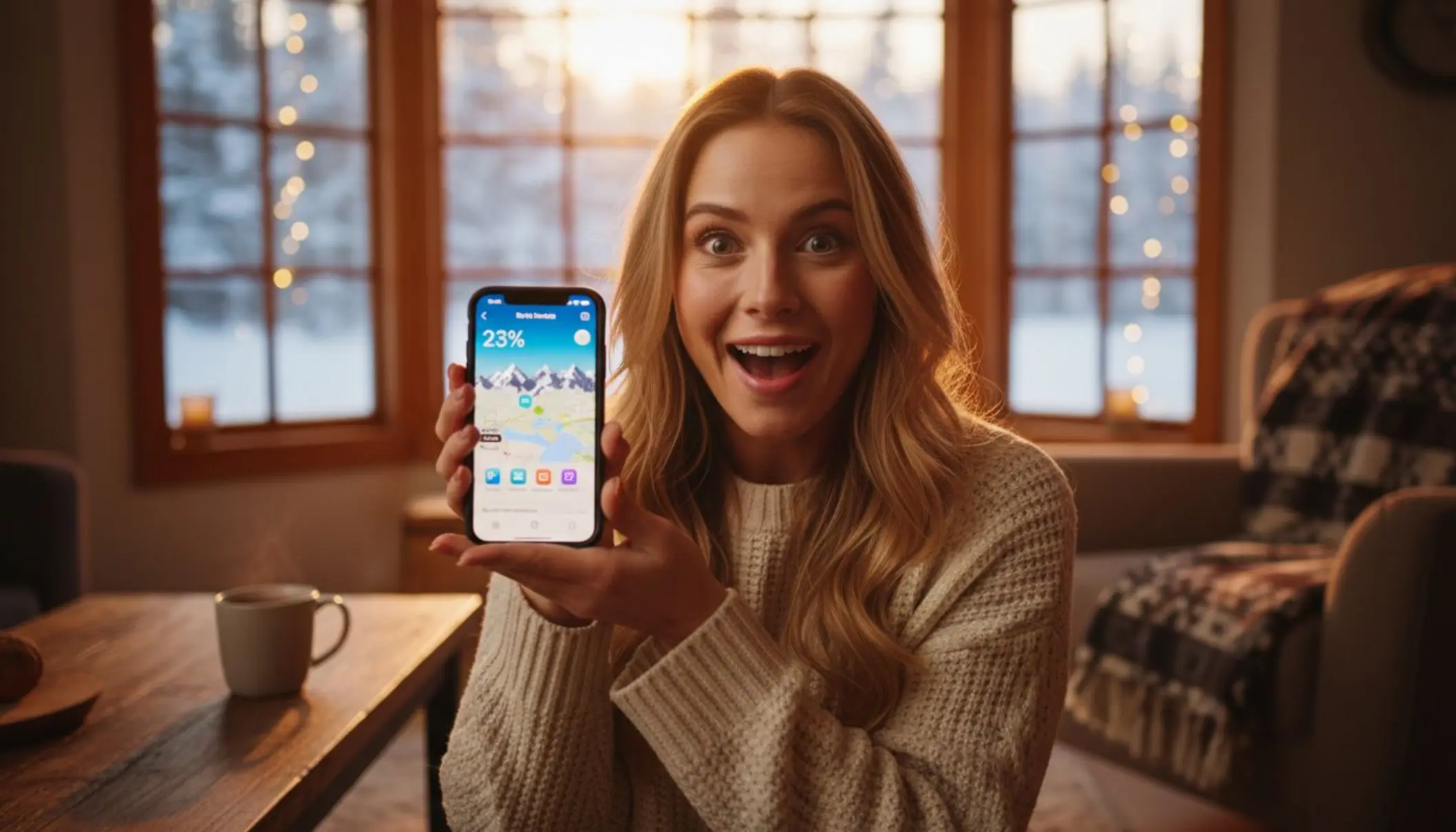 Jeune femme surprise regardant son téléphone dans un salon hivernal avec neige visible par la fenêtre