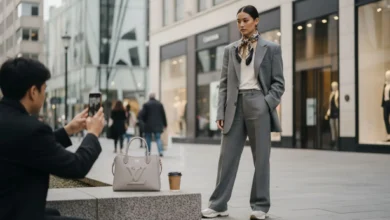 Photo lumineuse en format horizontal montrant une influenceuse mode en pleine séance de création de contenu dans une rue urbaine stylée : elle pose avec une tenue tendance, un photographe ou un ami la prend en photo avec un smartphone, pendant qu’un sac de marque bien visible et un café à emporter sont posés sur un muret. En arrière-plan, des passants consultent leur téléphone, avec des immeubles modernes et des enseignes de boutiques de mode floutées.
