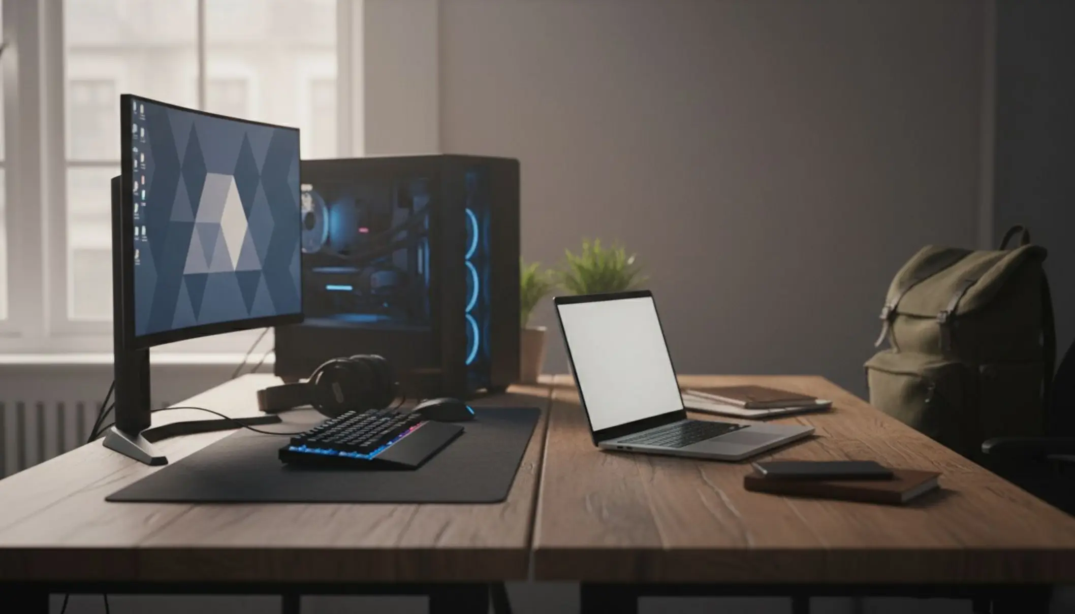 Photo en plan large d’un bureau moderne partagé en deux zones distinctes : à gauche, une tour PC fixe avec grand écran, clavier mécanique et casque gaming ; à droite, un ordinateur portable fin et ouvert posé près d’un sac à dos, d’un carnet et d’un smartphone. La lumière est naturelle, ambiance cosy mais professionnelle, symbolisant le choix entre puissance sédentaire et mobilité.