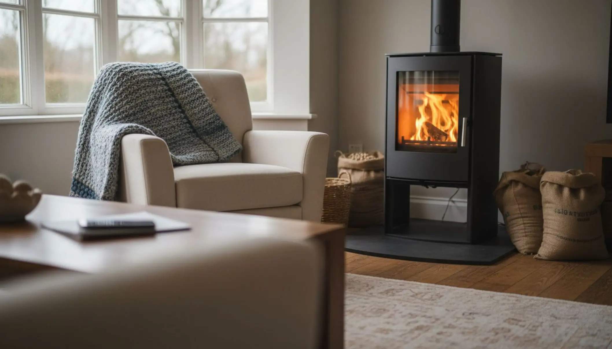 Photo lumineuse d’un salon moderne avec un poêle à granulés en fonctionnement : flamme visible derrière une vitre propre, sacs de granulés rangés discrètement, fauteuil et plaid suggérant le confort, grande baie vitrée laissant entrer la lumière d’hiver. Un compteur ou une facture d’énergie floutée sur une table basse évoque discrètement la question des économies.