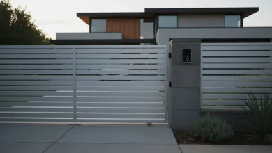 Photo en plan large de la façade d’une maison contemporaine avec un portail moderne en aluminium légèrement ajouré, motorisé, vu en début ou fin de journée avec une lumière douce. On distingue clairement le portail, le visiophone sur un pilier, la clôture assortie et une voiture à l’intérieur de la propriété, donnant une impression de sécurité, de confort et de design soigné.