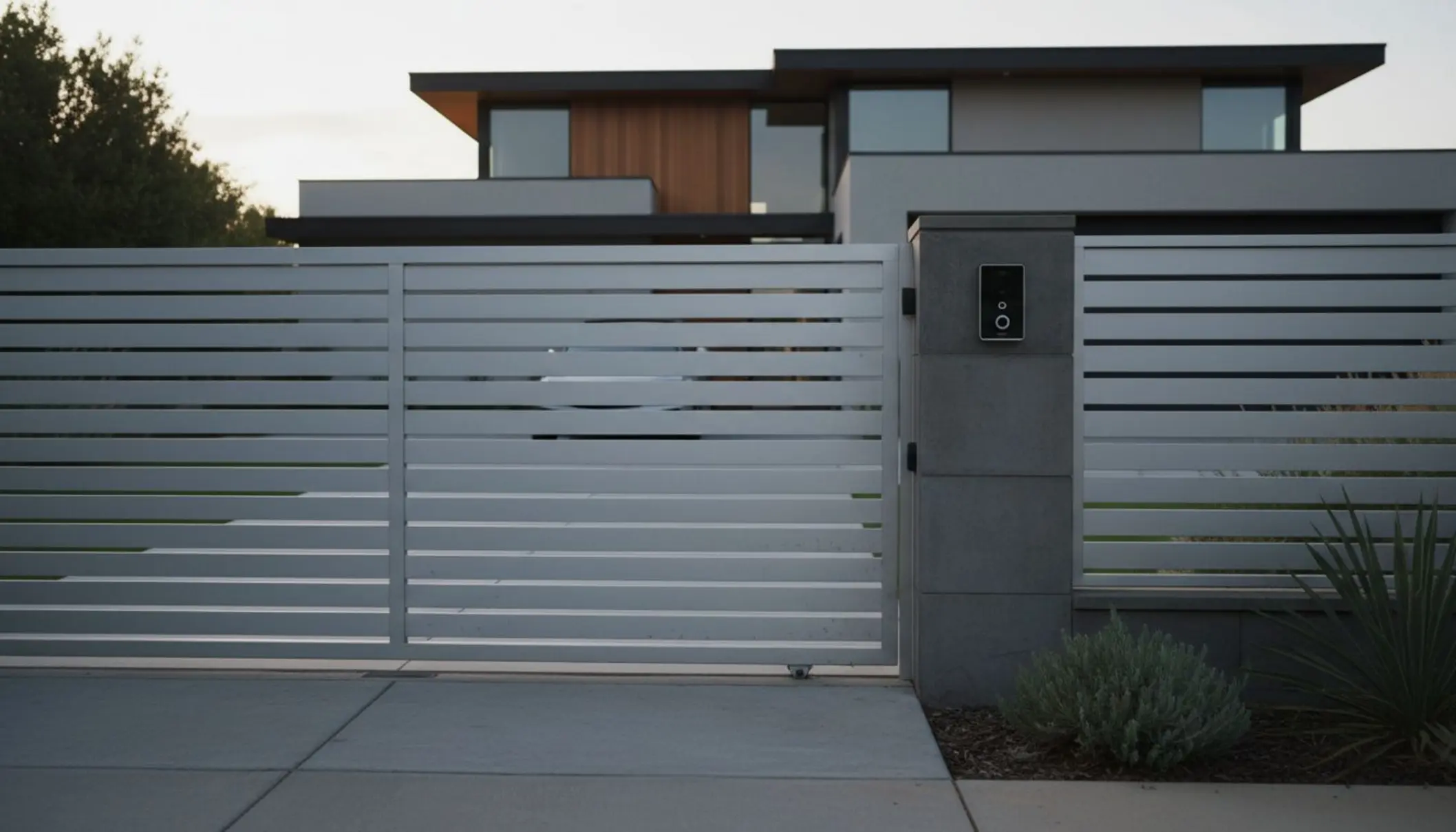 Photo en plan large de la façade d’une maison contemporaine avec un portail moderne en aluminium légèrement ajouré, motorisé, vu en début ou fin de journée avec une lumière douce. On distingue clairement le portail, le visiophone sur un pilier, la clôture assortie et une voiture à l’intérieur de la propriété, donnant une impression de sécurité, de confort et de design soigné.