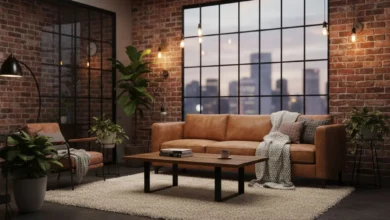 Photo d’un salon au style industriel chaleureux : murs en brique apparente, grande verrière noire, canapé en cuir camel avec plaids en laine, tapis épais couleur crème, quelques plantes vertes, lampes à filament à lumière chaude, table basse en bois massif et métal noir. L’ambiance est cosy, habitée, loin d’un look d’atelier froid.