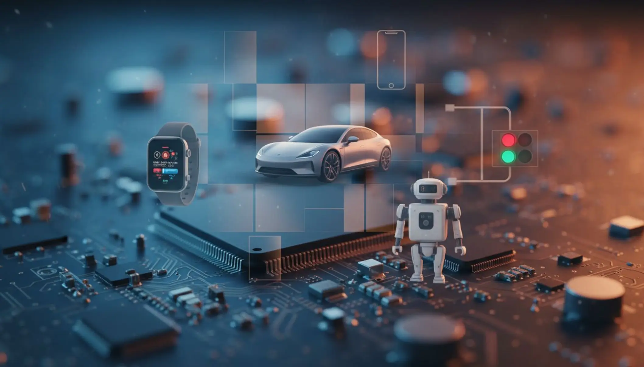 Gros plan artistique d’une carte électronique avec microcontrôleur, en surimpression d’une mosaïque d’objets du quotidien connectés (voiture moderne, montre, robot de cuisine, smartphone, feu de circulation). Lumière bleutée et orangée pour évoquer le numérique et l’énergie, avec un léger flou d’arrière-plan pour donner une impression de réseau invisible qui relie tous ces systèmes.