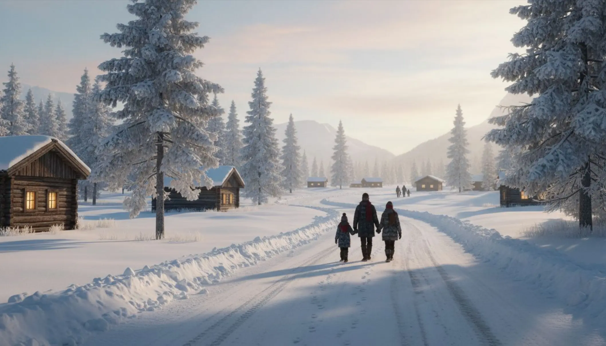 Une route de campagne enneigée qui serpente entre des sapins givrées et quelques chalets en bois éclairés, au loin, sous un ciel d’hiver pastel. Aucun skieur ni remontée mécanique, seulement une famille emmitouflée qui marche main dans la main vers un petit village, donnant une impression de calme, de chaleur et de découverte hors des sentiers battus.