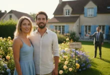 Couple trentenaire souriant dans un jardin ensoleillé avec pelouse verte et fleurs, maison en arrière-plan