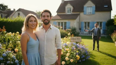 Couple trentenaire souriant dans un jardin ensoleillé avec pelouse verte et fleurs, maison en arrière-plan