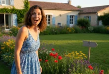 Femme souriante dans un jardin ensoleillé devant une maison de province avec pelouse verte et fleurs colorées