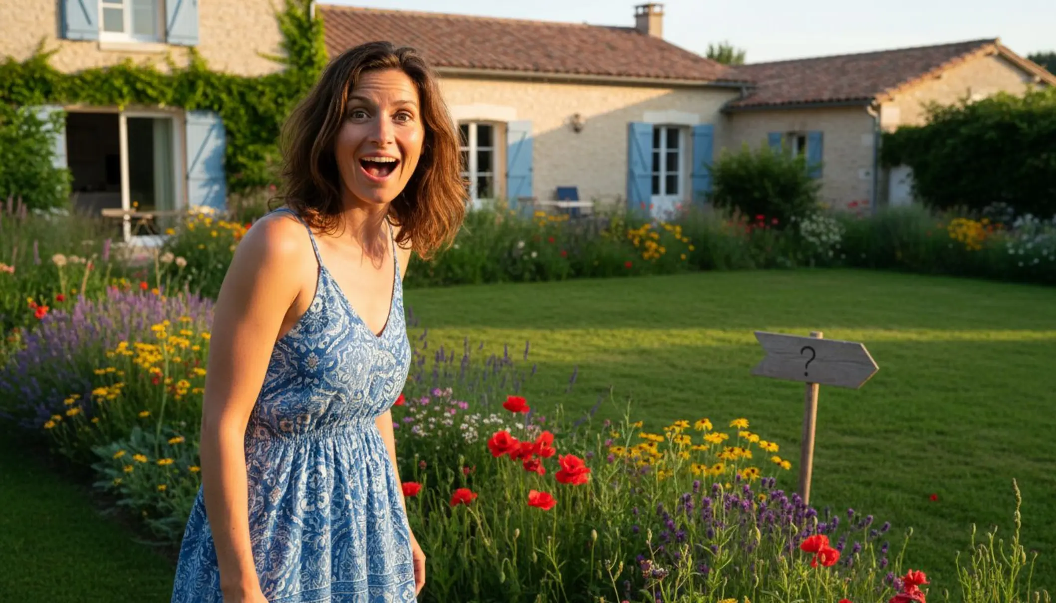 Femme souriante dans un jardin ensoleillé devant une maison de province avec pelouse verte et fleurs colorées