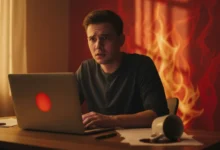 Jeune adulte inquiet devant son ordinateur portable dans un bureau à domicile, expression préoccupée