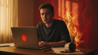 Jeune adulte inquiet devant son ordinateur portable dans un bureau à domicile, expression préoccupée