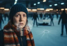 Personne inquiète portant bonnet et écharpe dans une patinoire intérieure bondée, buée visible devant son visage