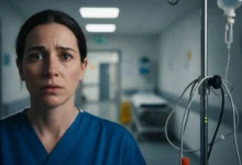 Visage inquiet d'une infirmière en blouse bleue dans un couloir d'hôpital, regard fixe vers l'objectif