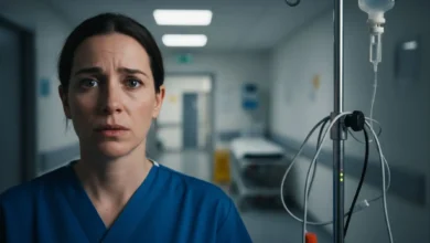 Visage inquiet d'une infirmière en blouse bleue dans un couloir d'hôpital, regard fixe vers l'objectif