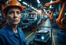 Ouvrier d'usine automobile portant un casque, expression inquiète, chaîne de montage floue en arrière-plan