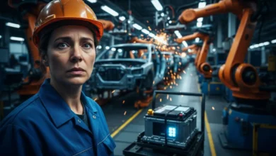 Ouvrier d'usine automobile portant un casque, expression inquiète, chaîne de montage floue en arrière-plan