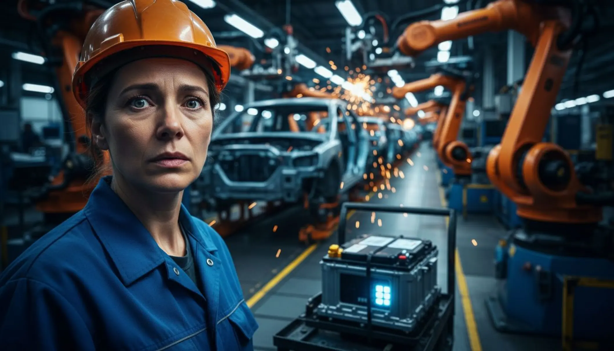 Ouvrier d'usine automobile portant un casque, expression inquiète, chaîne de montage floue en arrière-plan