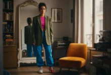 Femme perplexe devant son miroir observant sa tenue mal assortie dans son appartement