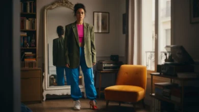 Femme perplexe devant son miroir observant sa tenue mal assortie dans son appartement