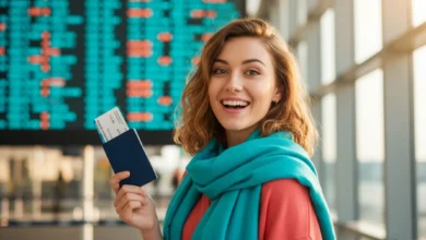 Jeune femme souriante tenant un passeport et une carte d'embarquement devant un panneau d'aéroport flou