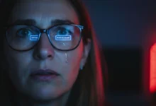 Visage inquiet d'une femme éclairé par la lumière bleue d'un écran d'ordinateur dans une pièce sombre