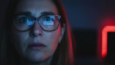 Visage inquiet d'une femme éclairé par la lumière bleue d'un écran d'ordinateur dans une pièce sombre